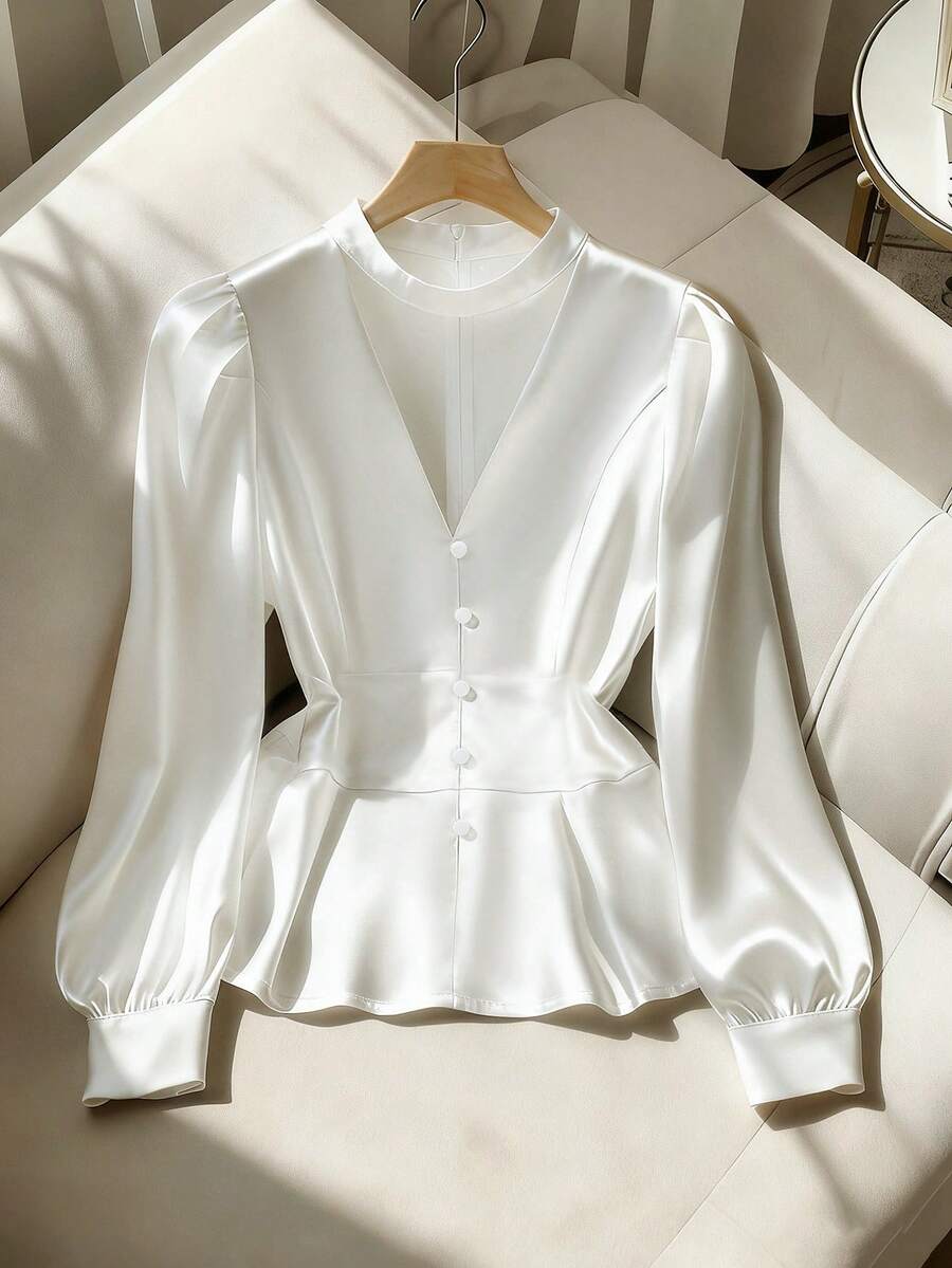 GlowEve CURVE Áo cánh tay bồng xòe cổ chữ V cạp chun cỡ lớn cho nữ - trắng - Xem 1