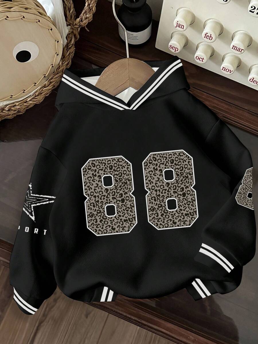 Attitoon Graphic Print Hooded Casual Retro Loose Versatile Letter Number 88 Leopard Star Racing Car Pattern Sweatshirt, Suitable For Autumn/Winter, Street Style, Airport Style, Chic, Y2K - Multicolor - View 1