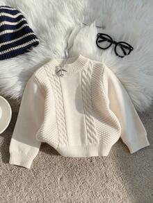 SHEIN 男女宝宝几何图案长袖针织衫，休闲可爱，适合男宝宝和女宝宝，秋冬季 - 杏色 - 查看 5