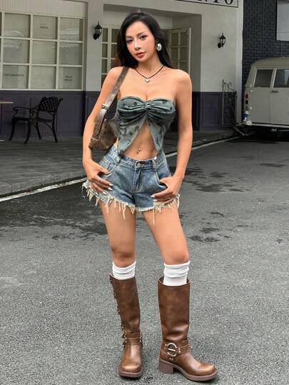 SHEIN EZwear Quần Short Denim Viền Thô Rách