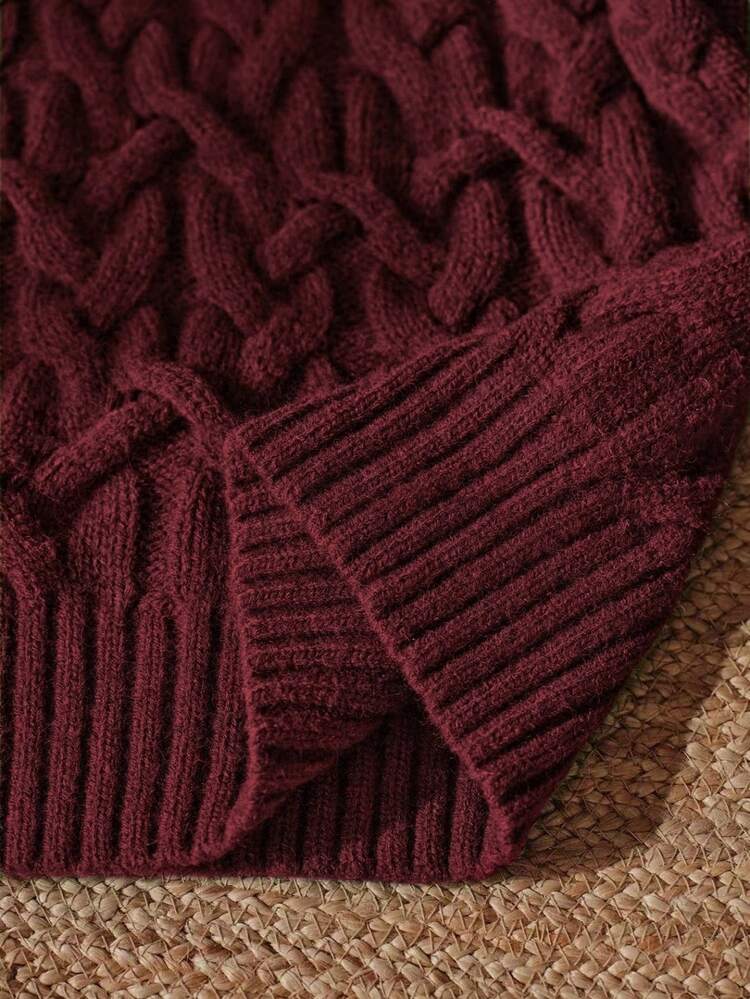 Women's Elegant Loose Slouchy Textured Burgundy Knit Sweater, Suitable For Christmas Party And Thanksgiving