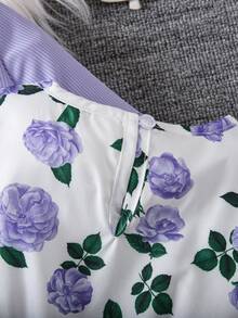 SHEIN Set de 2 piezas: Vestido con estampado de porcelana floral azul y cárdigan con ribete de volantes para niñas jóvenes - Púrpura malva - Ver 7