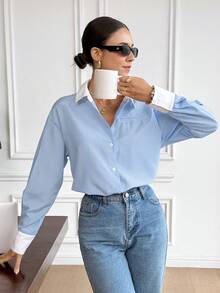 SHEIN Frenchy 女士清新条纹 Polo 领长袖衬衫 - 藍白色 - 查看 4