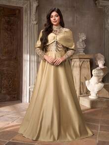 Aureia 大码优雅奢华香槟色亮片刺绣缎面蝴蝶结褶皱袖A字裙摆连衣裙，适合晚宴、约会、舞会、婚礼、正式场合。 - 香檳色 - 查看 2