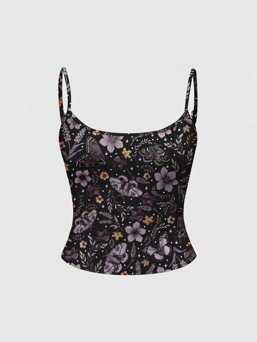ROMWE Fairycore Camiseta de tirantes con estampado de mariposa y hojas, estilo Mori oscuro con sol y luna, para mujer, otoño/invierno - Negro - Ver 1