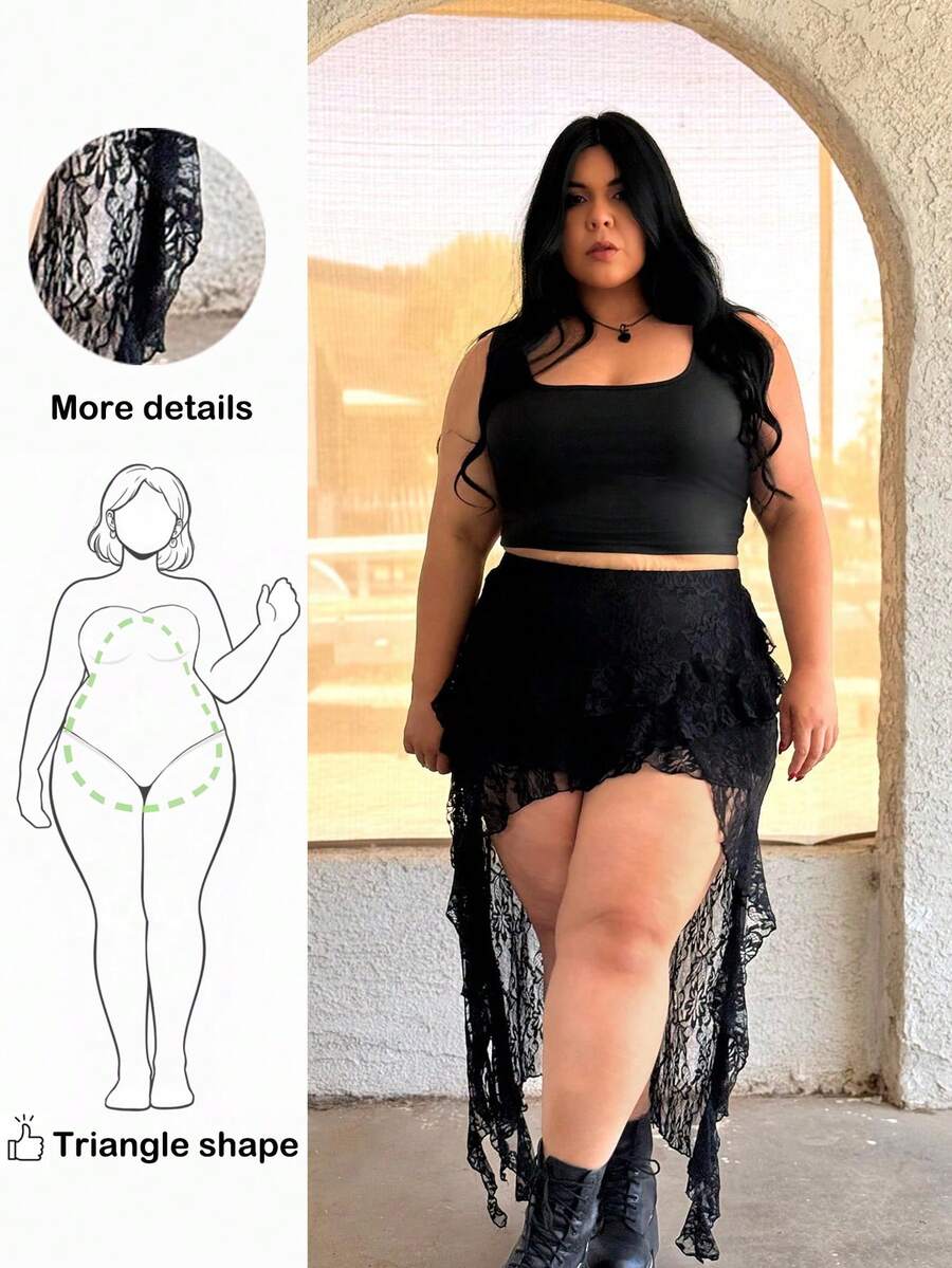 Truni Plus Size Black Lace Skirt, Minimalist & Fashionable, Bohemia Suitable For Summer Festival Rave Outfits/Concert Outfit Women Y2k, For Pear Triangle Body Shape - White - View 1