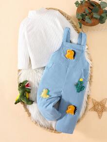 SHEIN Conjunto de 2 piezas para niños pequeños: Peto de pana y camiseta de cuello alto acanalado de manga larga con decoración de dinosaurio 3D