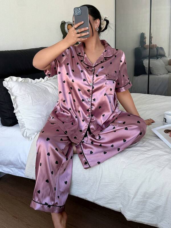Dream Adore 1 Conjunto de pijama de manga corta con estampado de corazón de seda sintética cómoda