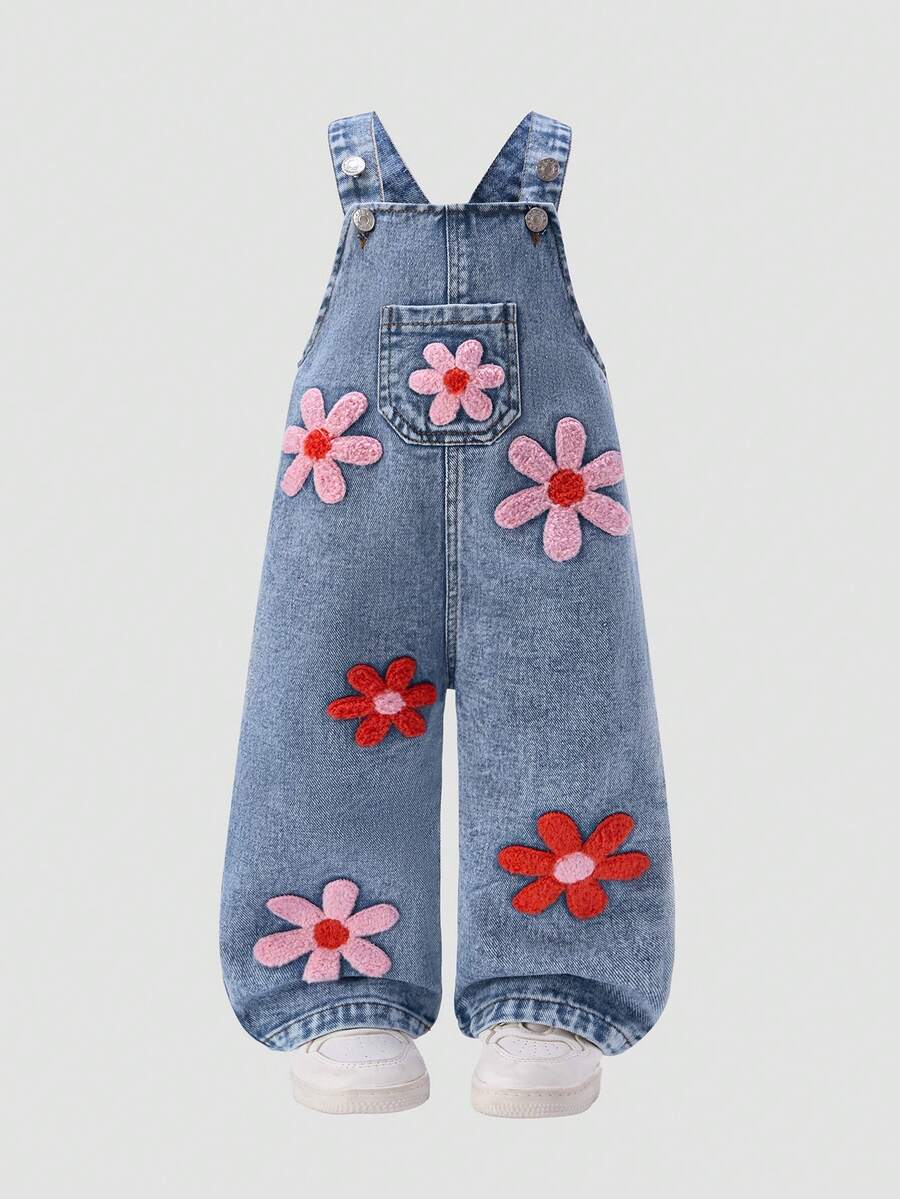 SHEIN Washed Denim Bib Pants For Baby Girls, Floral Print Loose Jumpsuit Toddler Jean With Flowers Baby Jeans Baby Flower Outfit - Blue - View 1