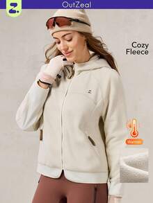 OutZeal 女士冬季保暖户外抓绒圣诞套装长袖露营徒步拉链外套带口袋 - 米色 - 查看 1