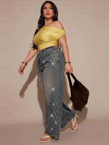 Slaydiva Quần jean ống rộng họa tiết kim cương giả cạp cao thời trang dạo phố cỡ lớn cho nữ - Màu xanh lam - Xem 4