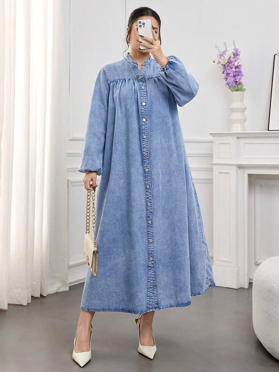 Modelyn Đầm dài tay dài màu xanh denim cỡ lớn cho nữ - Rửa trung bình - Xem 1