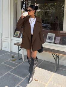 Muchica 女士时尚优雅双排扣束带风衣法式风衣女装风衣秋冬女装风衣 - 棕色 - 查看 4