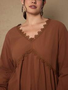 Freevana 大码女式纯色撞色蕾丝V领灯笼袖优雅连衣裙波西米亚风女装乡村西部风 - 紅木色 - 查看 7