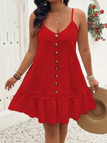 SHEIN Clasi Plus Size V-Neck Sleeveless Front Button Ruffle Hem Textured Slip Dress, Casual Vacation Beachwear - Red - View 3