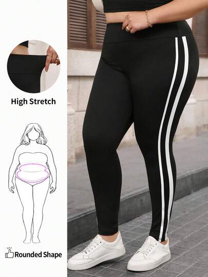 Enliva Ry2ky Plus Size Solid Color Patchwork Slim Fit Leggings, Casual Everyday Wear Pantalones De Mujer, For Apple Rounded Body Shape
