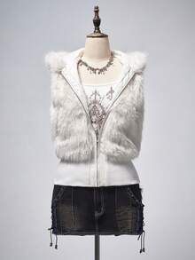 ROMWE Grunge Punk Y2K Kpop Faux Fur Hooded Cardigan Vest Jacket For Women - White - View 1