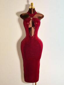 Mistrie New Year,Women's Solid Color Metal-Feeling Hollow Neck Strap Wrapped Hip Sexy Dress Holiday Elegant Party Dress,Slim Fit, Suitable For Daily Wear, Holidays, Christmas, Autumn/Winter Red Dress Christmas Dresses Women New Year Dress,Red Dress,Christmas Dress,New Year Dress,Red Dresses For Women,Christmas Dresses For Women