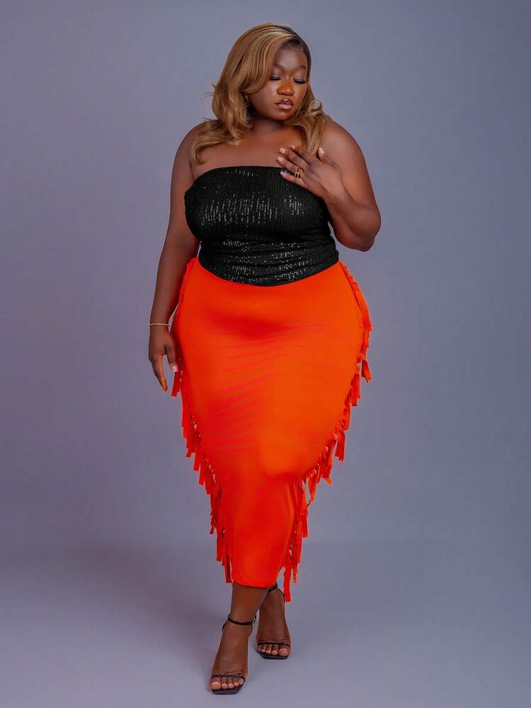 CurvyTilda 大码女式纯色高腰流苏设计优雅铅笔裙 - 橘色 - 查看 4