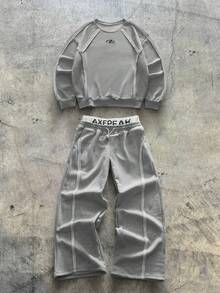 AXEPEAK 男士极简图案圆领长袖套头卫衣和长裤套装