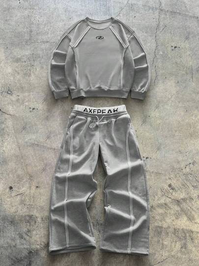 AXEPEAK Set di felpa girocollo a maniche lunghe e pantaloni con motivo minimalista da uomo