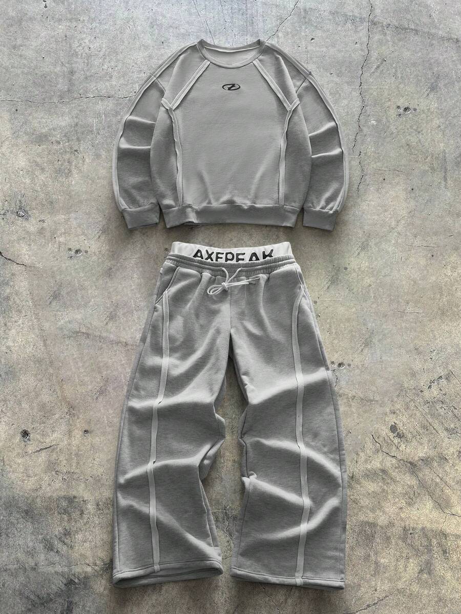 AXEPEAK 男士极简图案圆领长袖套头卫衣和长裤套装