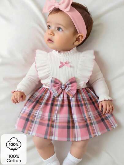 Newborn Baby Girl Ruffle Collar Long Sleeve A-Line Dress With 3D Bow. The A-Line Silhouette Is Classic And Flattering For Various Baby Body Types. The Ruffle Sleeves Paired With The 3D Bow Design Create A And Elegant Look, Perfect For Outings, Photoshoots, Or As A Must-Have Fashionable Item For Moms To Dress Up Their Little Princesses.