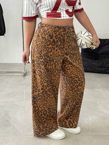 Flirla Plus Size Women's Y2K Streetwear Leopard Print Baggy Jeans - Multicolor - View 4