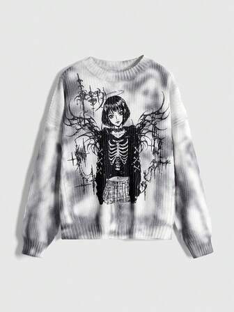 Grunge Punk Y3k Cyber Symbol & Anime Charakter Muster verwaschen Loose Fit Damen Pullover