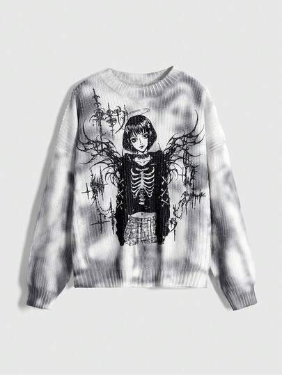 Grunge Punk Sudadera holgada de mujer con lavado desgastado e impresión del símbolo cibernético Y3k y personaje de anime