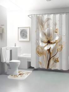 4PCS Simple And Elegant Floral Bath Liner Set With U-Shaped Toilet Cover Waterproof Polyester 71*71 Inches And 12 Hooks, Washable Fall Bath Liner For Shower Or Bathtub Decoration - Multicolor - View 3