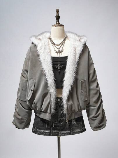 Grunge Punk Y2K Faux Fur & Suede Reversible Women Kpop Jacket, Suitable For Autumn/Winter