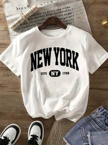 Camiseta mujer estilo universitario estampado Nueva York fibra de poliéster corte holgado cuello redondo manga corta verano uso diario - Blanco - Ver 1