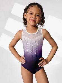 2pcs/Set Young Girls' Gymnastics Leotard And Shorts Set, Cute Printed & Rhinestone Decor, Suitable For Casual, Sports, Competition - Blue - View 4