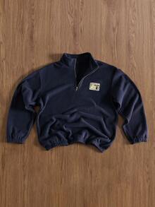 TOKVUE Men Zipper Front Patched Flannelette Oversize Sweatshirt, Quarter Zip, Half Zip Sweatshirt, Men Sweatshirt, For Fall Winter - Navy Blue - View 3