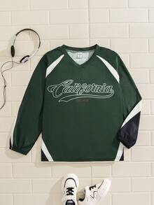Casuvi Kids Tween Boy Color Block Letter Print Casual Loose Fit Long Sleeve T-Shirt - Green - View 6
