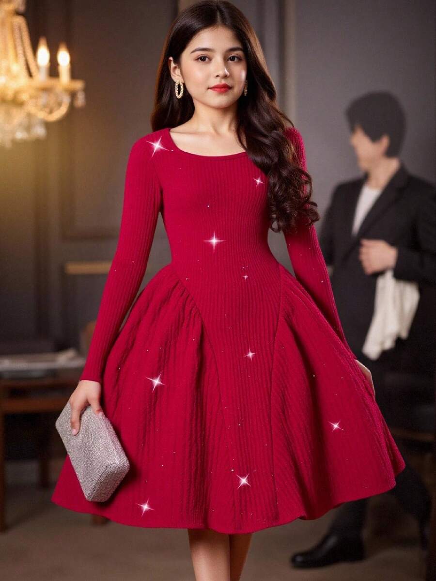 Glamorique Kids Girls' Christmas Square Collar Long Sleeve Dress With Glitter Vertical Striped Texture, Pleated Waist A-Line Skirt, Elegant & Sweet Dress For Teens - Burgundy - View 1