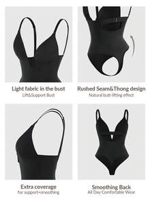 SHEIN Shaping Plunge Deep-V Shapewear Thong Bodysuit Body Shaper Butt Lifter With Adjustable Straps-Tummy Waist Thigh Control - Black - View 4