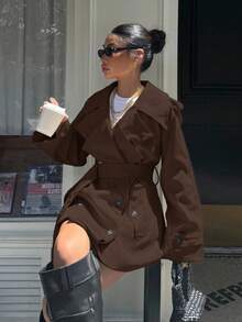 Muchica 女士时尚优雅双排扣束带风衣法式风衣女装风衣秋冬女装风衣 - 棕色 - 查看 3