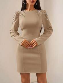 SHEIN Premium Sprinkled With Sparkling Crystals Embellished Shoulder A-Line Crew Neck Long Sleeve Business To Party Fancy Mini Dress - Mocha Brown - View 5