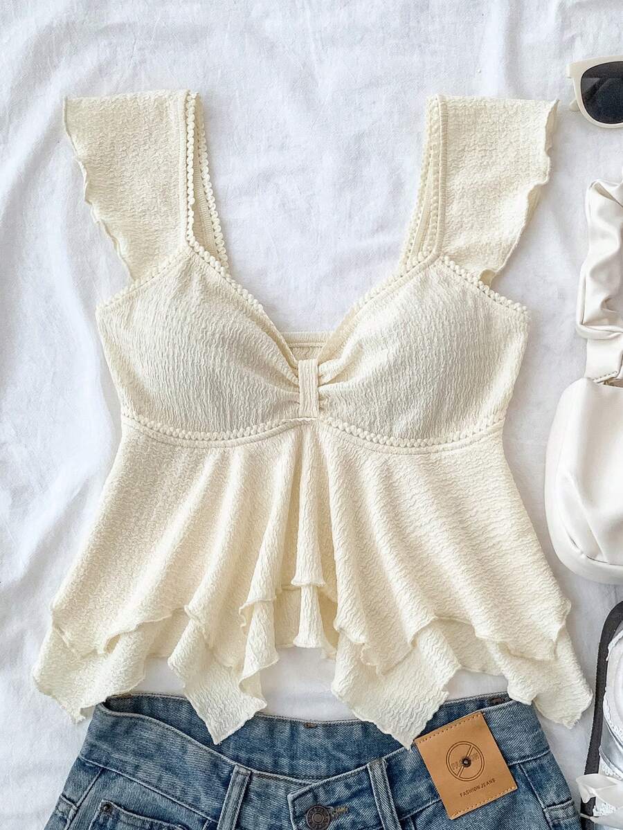 SHEIN 少女休闲提花拼接荷叶边卫衣，杏色 - 杏色 - 查看 1