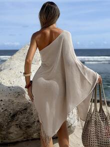 Swim Vcay Women's Sheer Fringe Beach Cover Up,Boho Knit Summer Holiday Dress,Beige Sleeveless Top Shawl,Bohemian Style Music Festival,Christmas Brown - Khaki - View 3