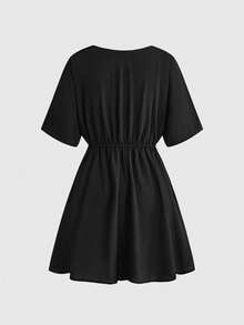 ROMWE Goth Spring/SummervacationWomen's Elegant Embroidered Short Sleeve Waist Cinched Mini Dress, Spring/Summer - Black - View 8