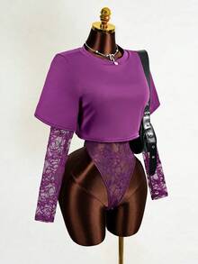 Mistrie Áo liền thân ren dài tay gợi cảm dành cho nữ - Màu tím - Xem 4