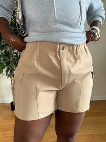 Truni Theloveshegives Plus Size Women's Solid Color Simple Daily Shorts, For Pear Triangle Body Shape, For Body Shape, For Summer - Khaki - View 3