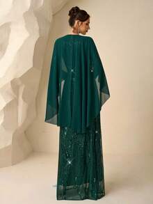 Coutiva Váy dài tay đính sequin thanh lịch, váy dạ hội cao cấp cho tiệc tối - Màu xanh lá cây đậm - Xem 2