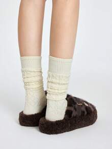 ROMWE Grunge Punk 女士新款蓬松厚底拖鞋，适合 2025 年冬季，厚底毛绒封闭式趾拖鞋，适合矮个子女孩，增高一脚蹬鞋，适合春季、秋季和居家办公，尺码 5-7 - 卡其色 - 查看 5