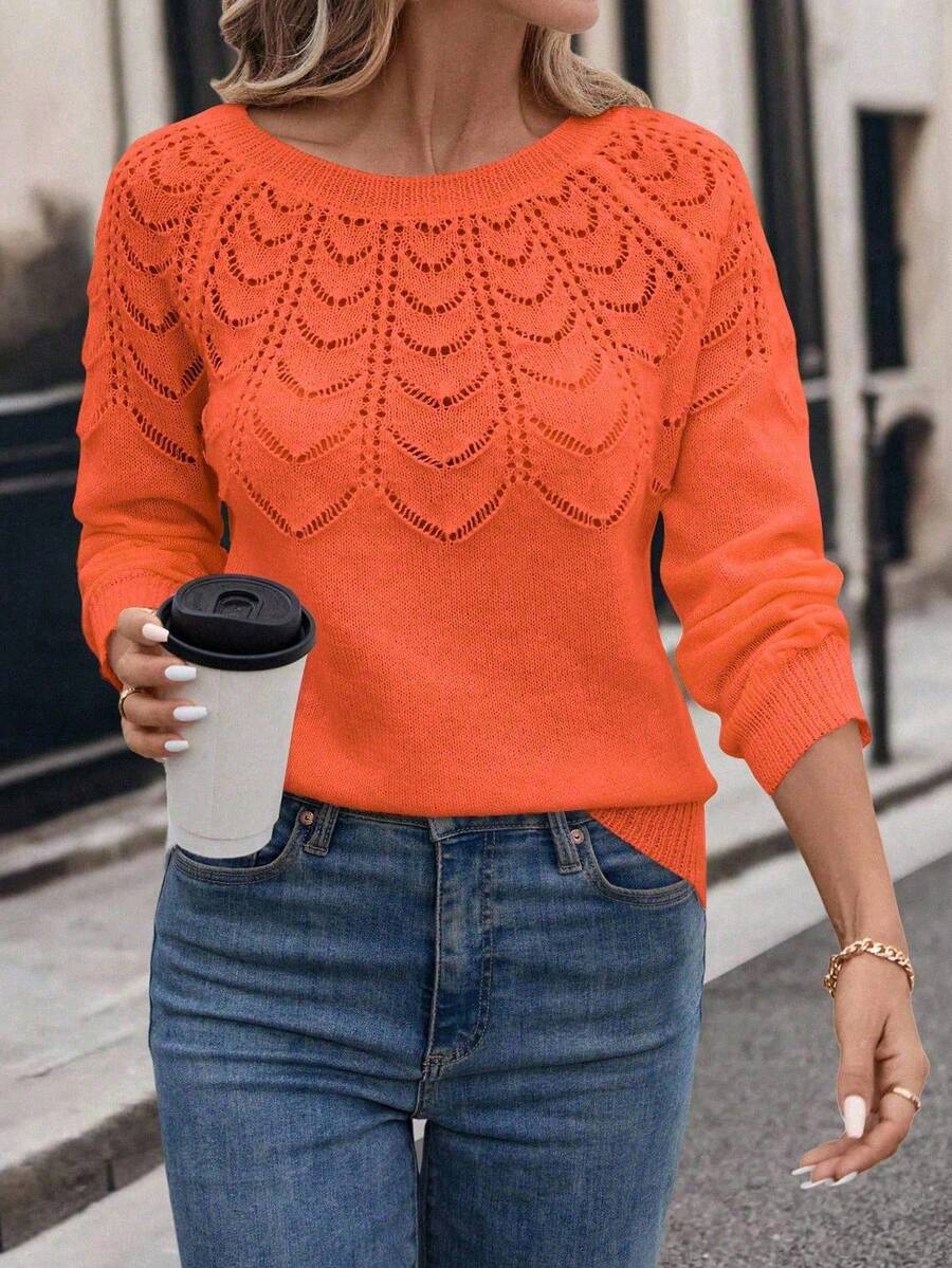 SHEIN Áo cánh dài tay cổ tròn màu trơn cho nữ mặc thường ngày năm mới - trái cam - Xem 1