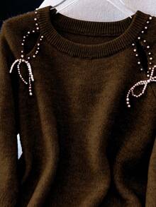 Franclia Loose Fit Women's Beaded Hollow-Out Raglan Sleeve Sweater - Coffee Brown - View 4