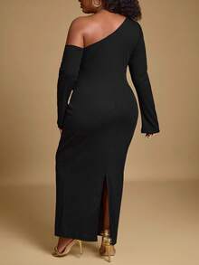 Hourglow Váy suông cổ không đối xứng màu trơn thanh lịch cỡ lớn dành cho nữ, mùa xuân/thu/thu/đông - màu đen - Xem 5